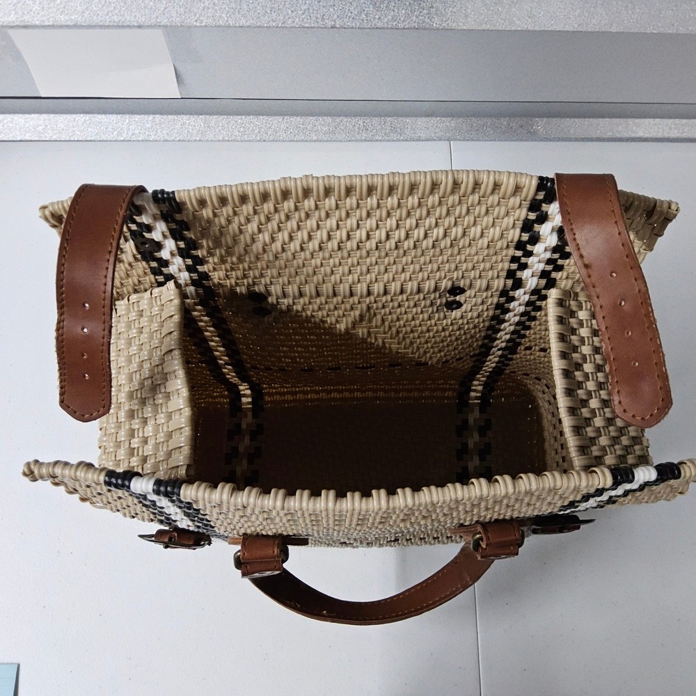 Handmade Woven Straw Handbag Purse Top Handle Satchel Bag Beige Brown Medium MX - Picture 10 of 14